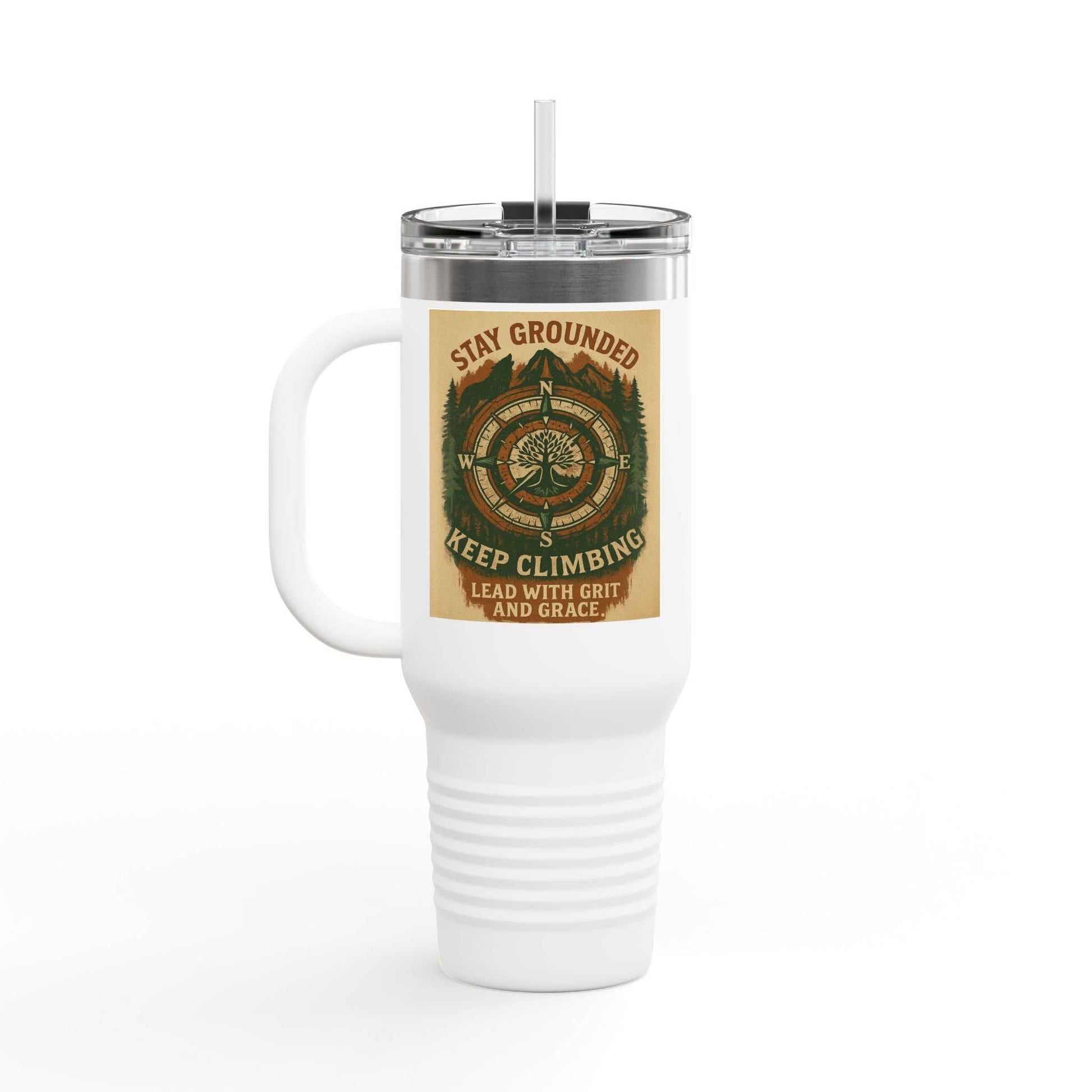 40oz Stay Grounded Travel Mug with handle, outdoor-inspired print, and insulated design.