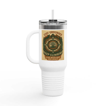 40oz Stay Grounded Travel Mug with handle, outdoor-inspired print, and insulated design.