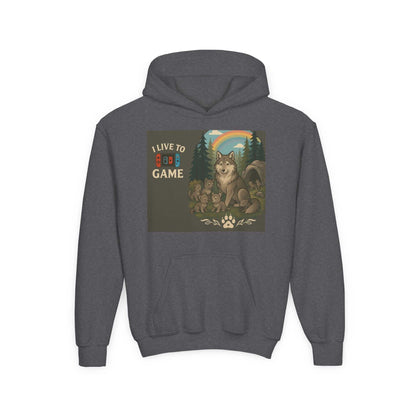 Youth Wildlife Hoodie with nature graphics, wolf design, inspiration for kids, cozy sweatshirt.