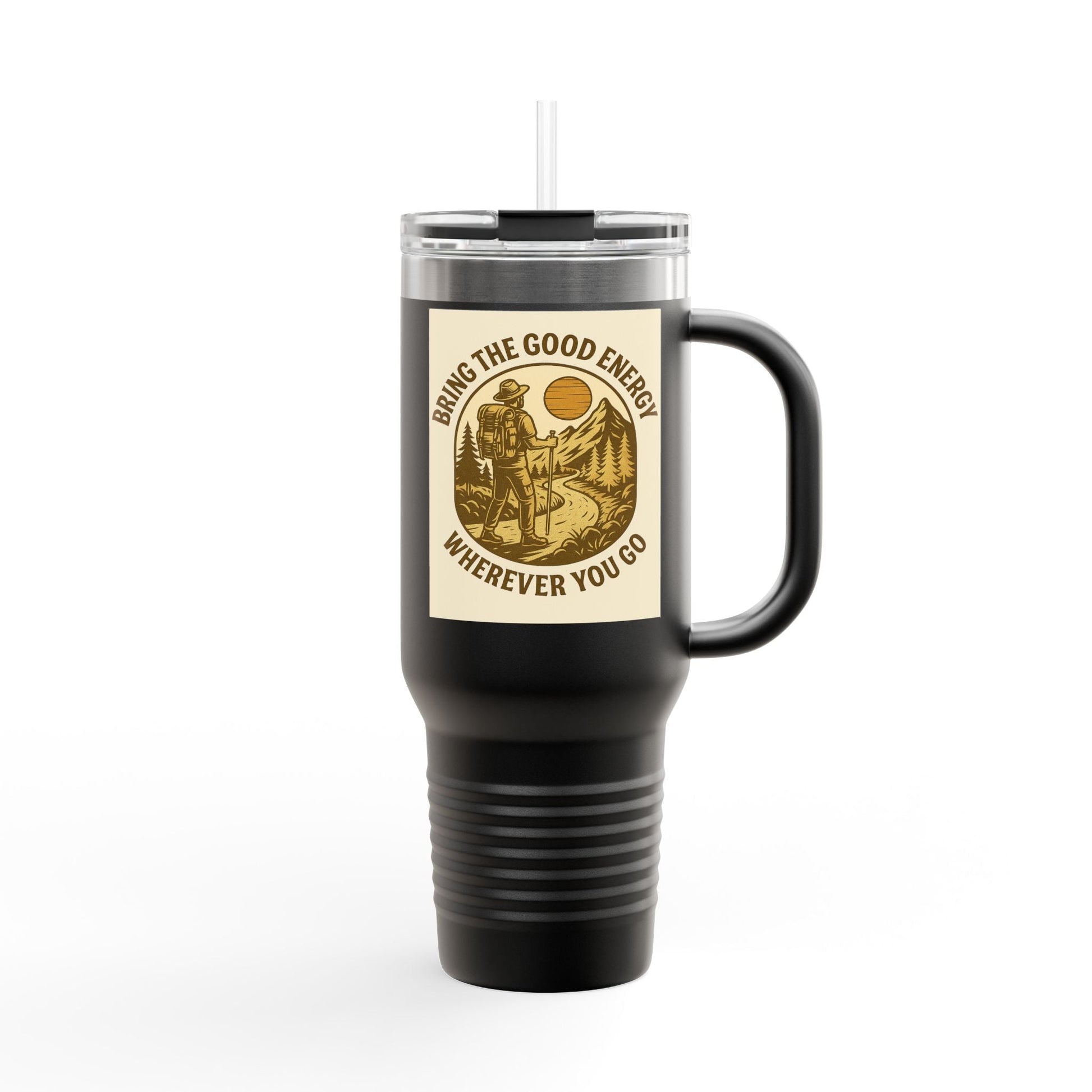 40oz insulated travel cup with positive vibes design, ergonomic handle, and leak-resistant lid.