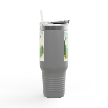Montana 40oz Adventure Mug with elk-inspired design, grey finish, and spill-resistant lid.