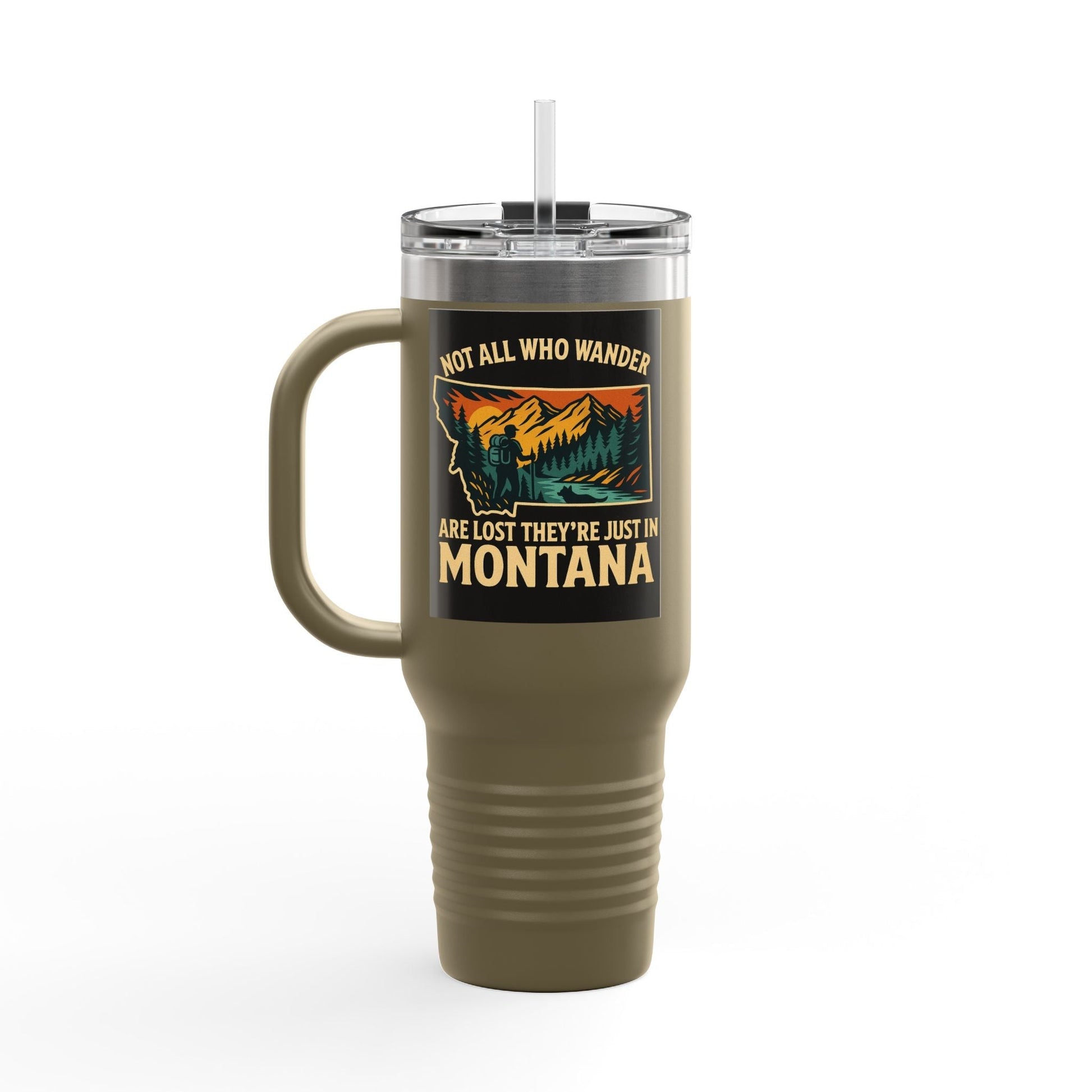 Large insulated Montana Adventure Mug for outdoor explorers, featuring a bold design and ergonomic handle.