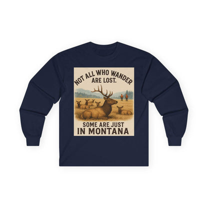 Montana Wanderlust Long Sleeve Tee with vintage Montana graphic and nature quote.