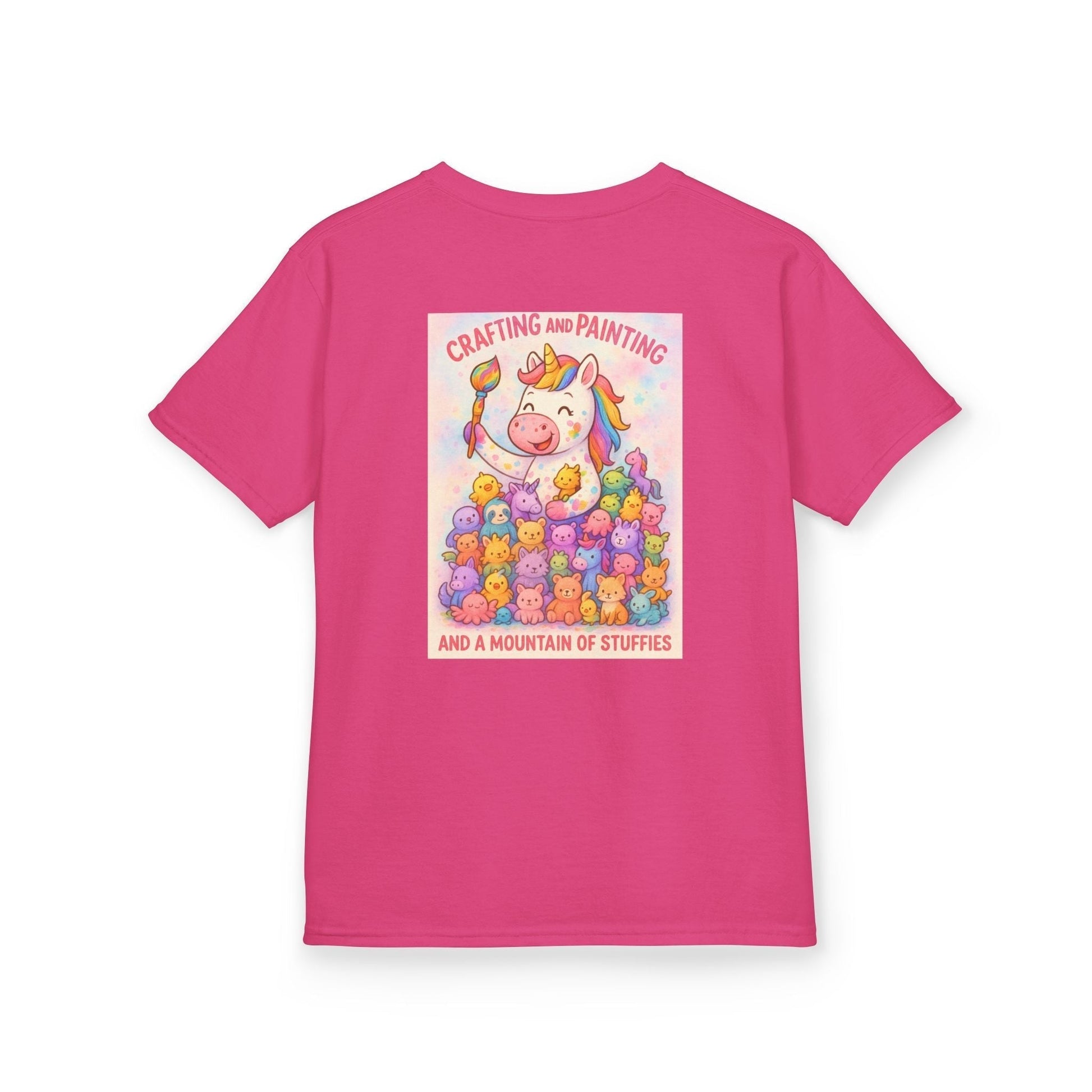 Cute pink kids' t-shirt with animal graphic and playful colors.