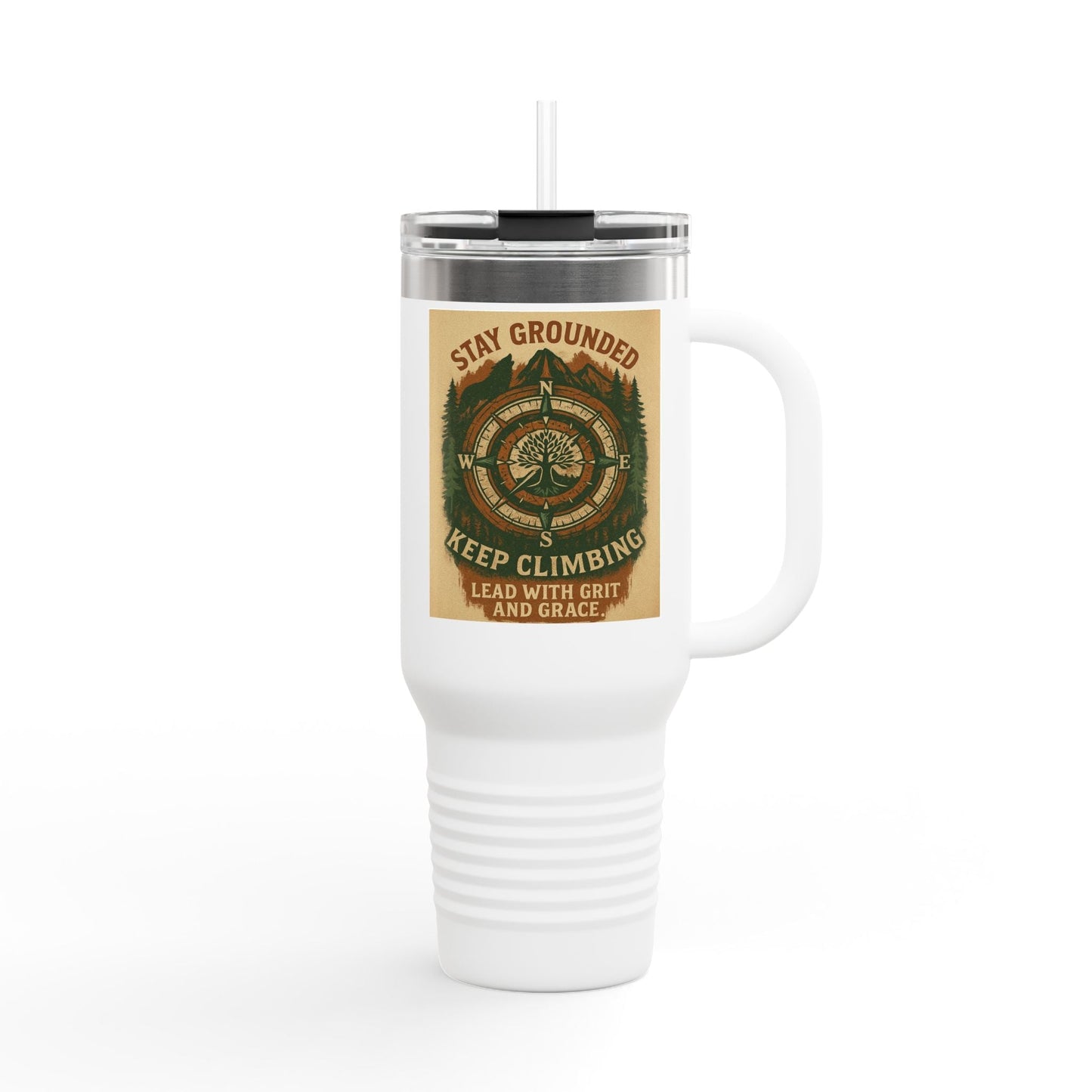 40oz Stay Grounded Travel Mug with insulated stainless steel body and ergonomic handle.