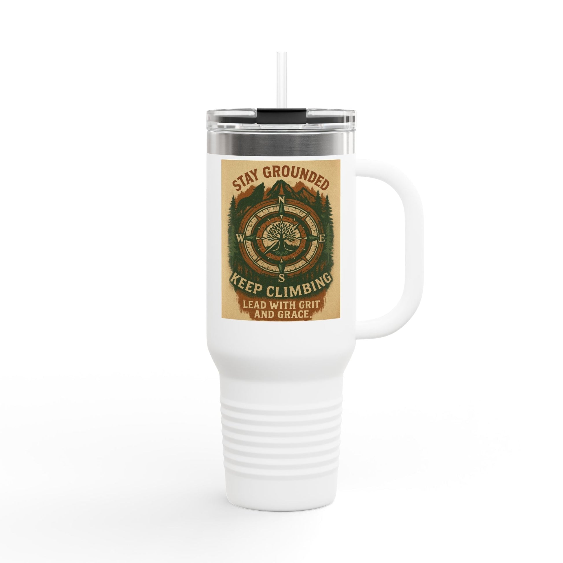 40oz Stay Grounded Travel Mug with insulated stainless steel body and ergonomic handle.