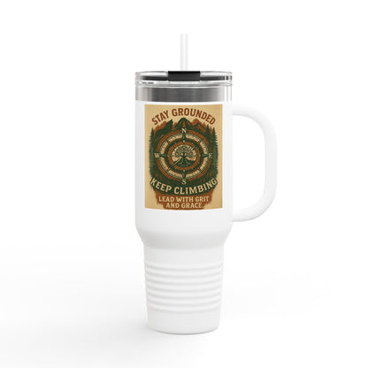40oz Stay Grounded Travel Mug with insulated stainless steel body and ergonomic handle.