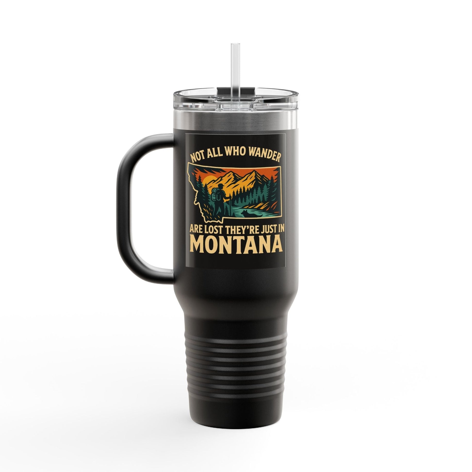 Large black insulated Montana Adventure Mug with ergonomic handle and lid, featuring a nature-inspired design.