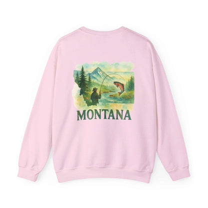 Born to Fish Sweatshirt in pink featuring a fishing scene and Montana text.