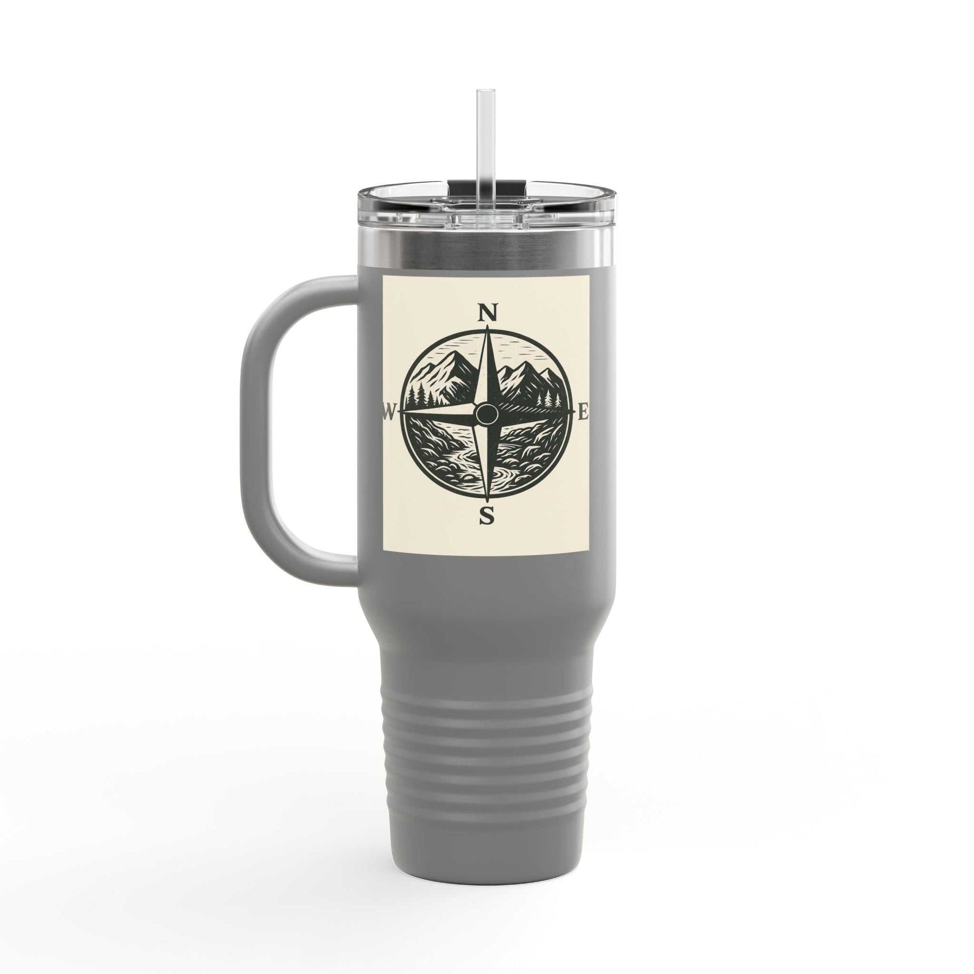 40oz Montana Compass Travel Mug with compass design, insulated for hot/cold drinks, rust-resistant stainless steel, ergonomic handle, leak-proof lid.