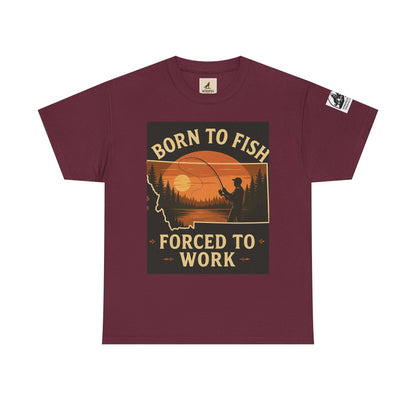 Montana Fishing Tee with "Born to Fish, Forced to Work" graphic for nature lovers.