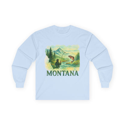 Montana Fishing Long Sleeve Tee, vintage-style adventure shirt with nature-inspired design.