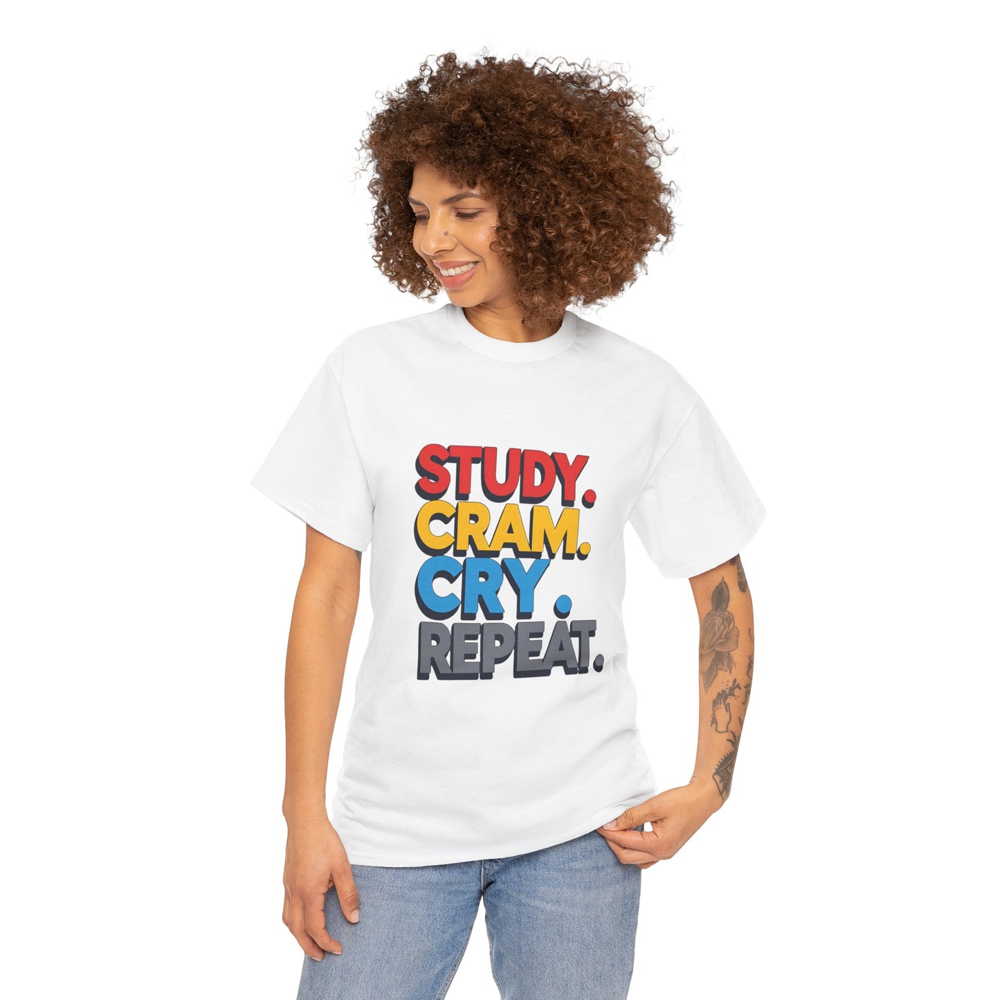 Study Cram Cry Repeat Tee, Unisex Heavy Cotton T-Shirt, Student Gift, College Humor Shirt, Exam Prep Apparel, Funny Study Tee