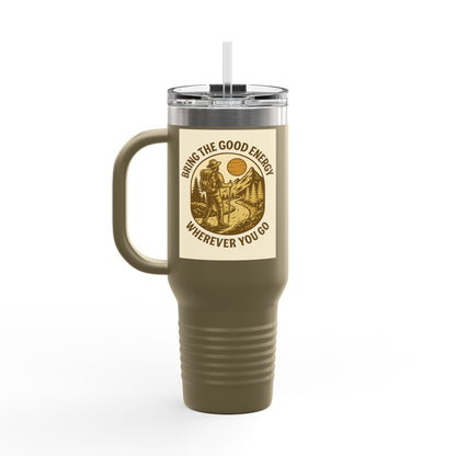 40oz insulated travel cup with positive design and ergonomic handle.
