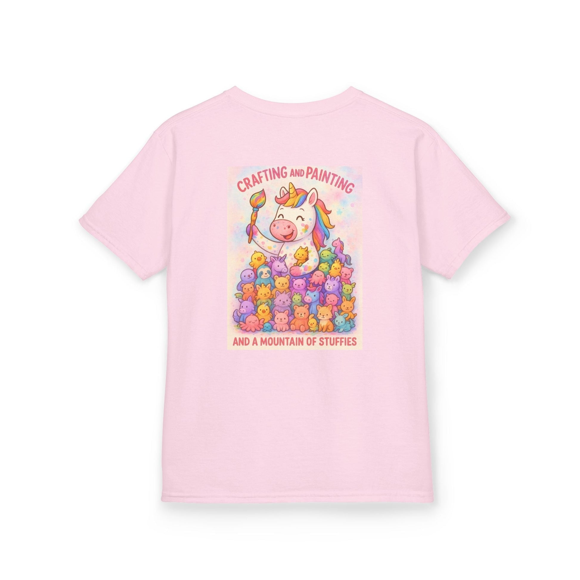 Pink kids t-shirt with whimsical animal graphic and colorful illustration.