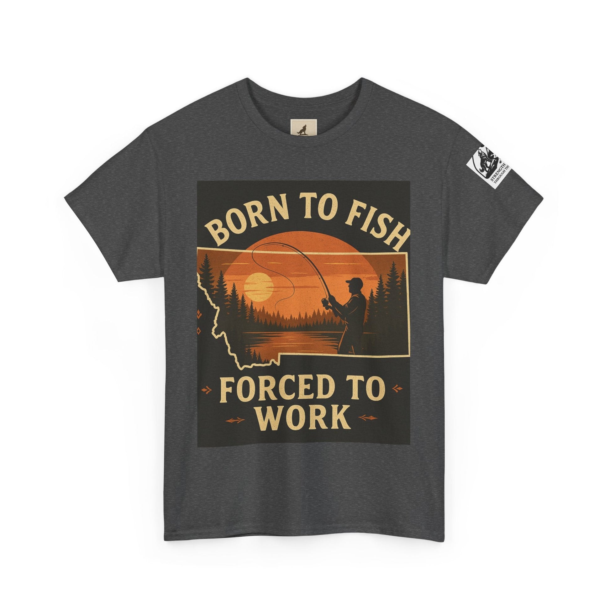 Montana Fishing Tee with "Born to Fish, Forced to Work" graphic.