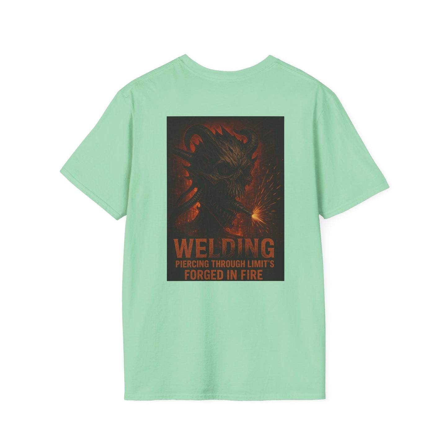 Welding Gift T-Shirt featuring "Forged in Fire" graphic for metalworkers and welders.
