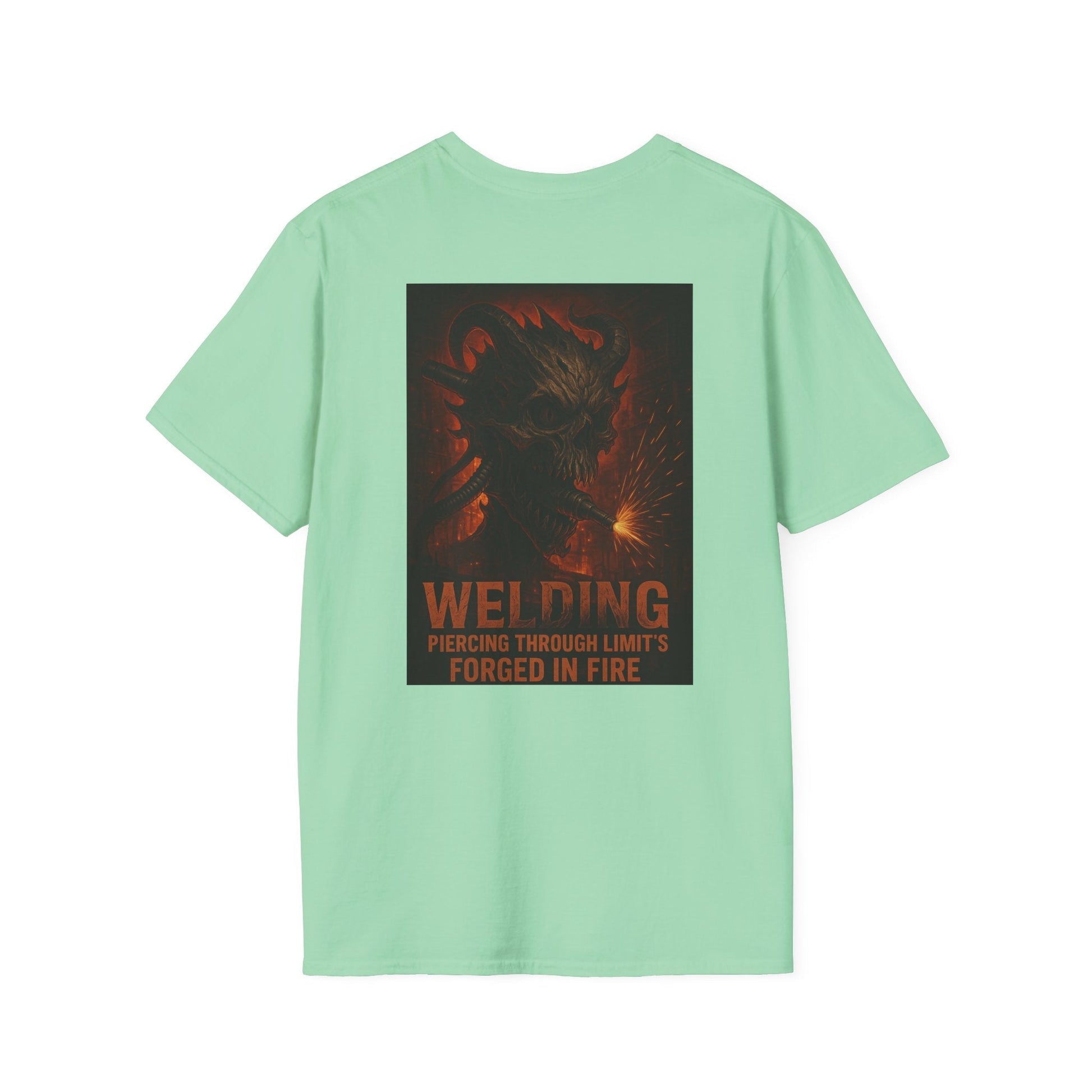Welding Gift T-Shirt featuring "Forged in Fire" graphic for metalworkers and welders.