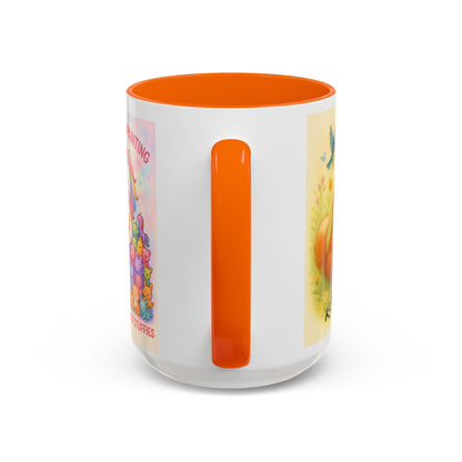Whimsical Cat Mug with playful cat and unicorn design, vibrant handle, and ceramic build.