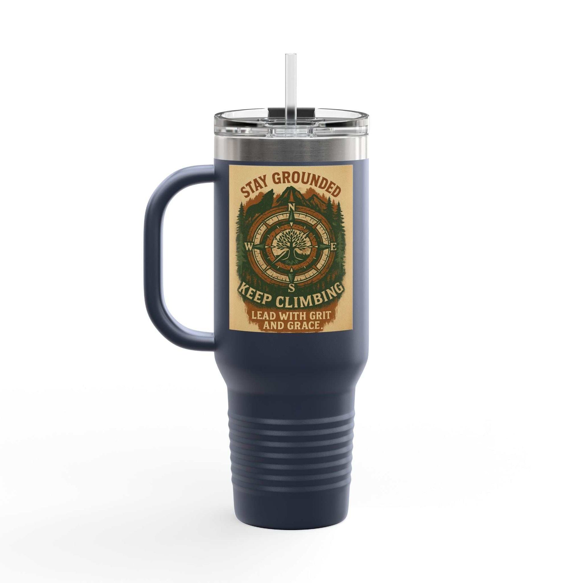 40oz Stay Grounded Travel Mug with insulated stainless steel body, ergonomic handle, and leak-proof lid for outdoor enthusiasts.