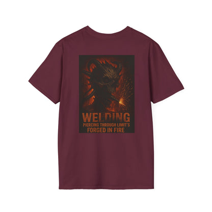 Welding Gift T-Shirt with "Forged in Fire" graphic for metalworkers and welders.