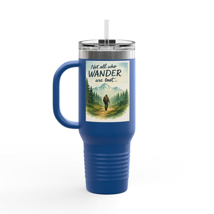 Montana 40oz Adventure Mug with blue elk-inspired design, ergonomic handle, and spill-resistant lid.