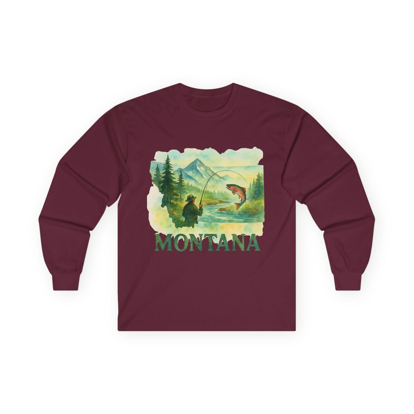 Montana Fishing Long Sleeve Tee featuring vintage-style fishing design, perfect for outdoor adventures.