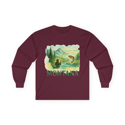 Montana Fishing Long Sleeve Tee featuring vintage-style fishing design, perfect for outdoor adventures.