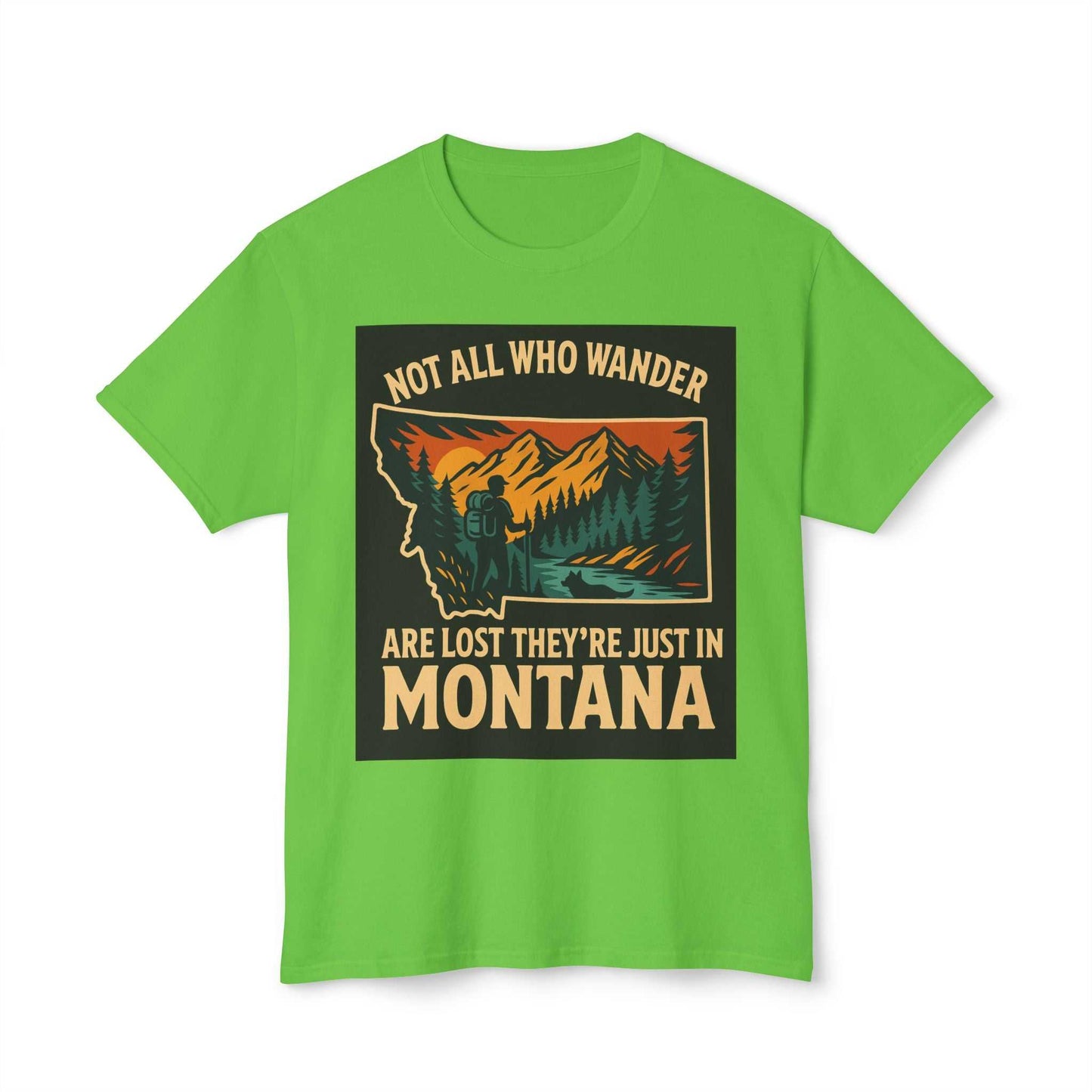 Montana Adventure Tee with nature-inspired design, featuring mountains and forest, on a vibrant green shirt.