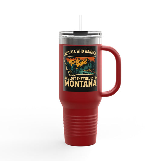 Large red Montana Adventure Mug with an outdoor design, featuring an ergonomic handle and leak-proof lid.