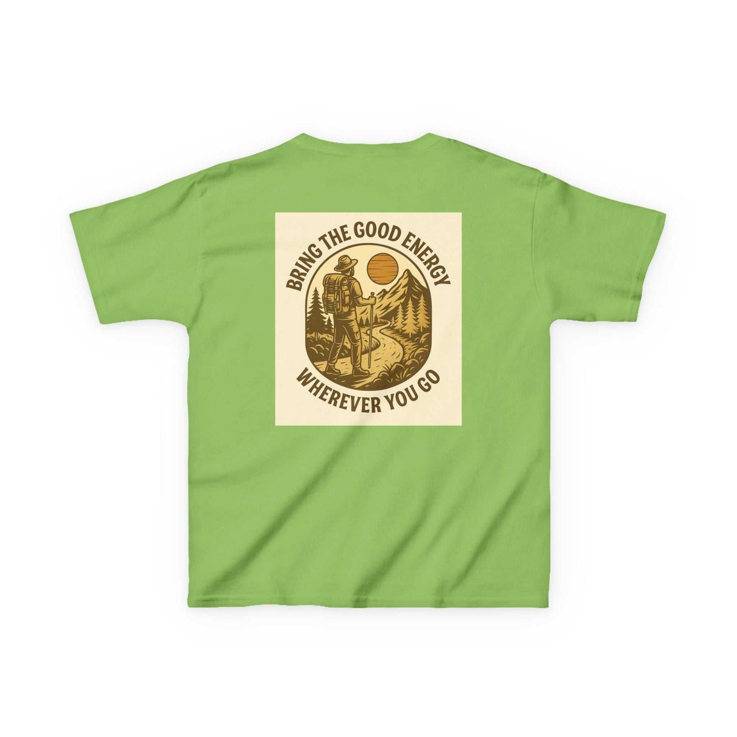 Green Adventure Kids Tee with motivational nature-themed design, encouraging good energy and exploration.