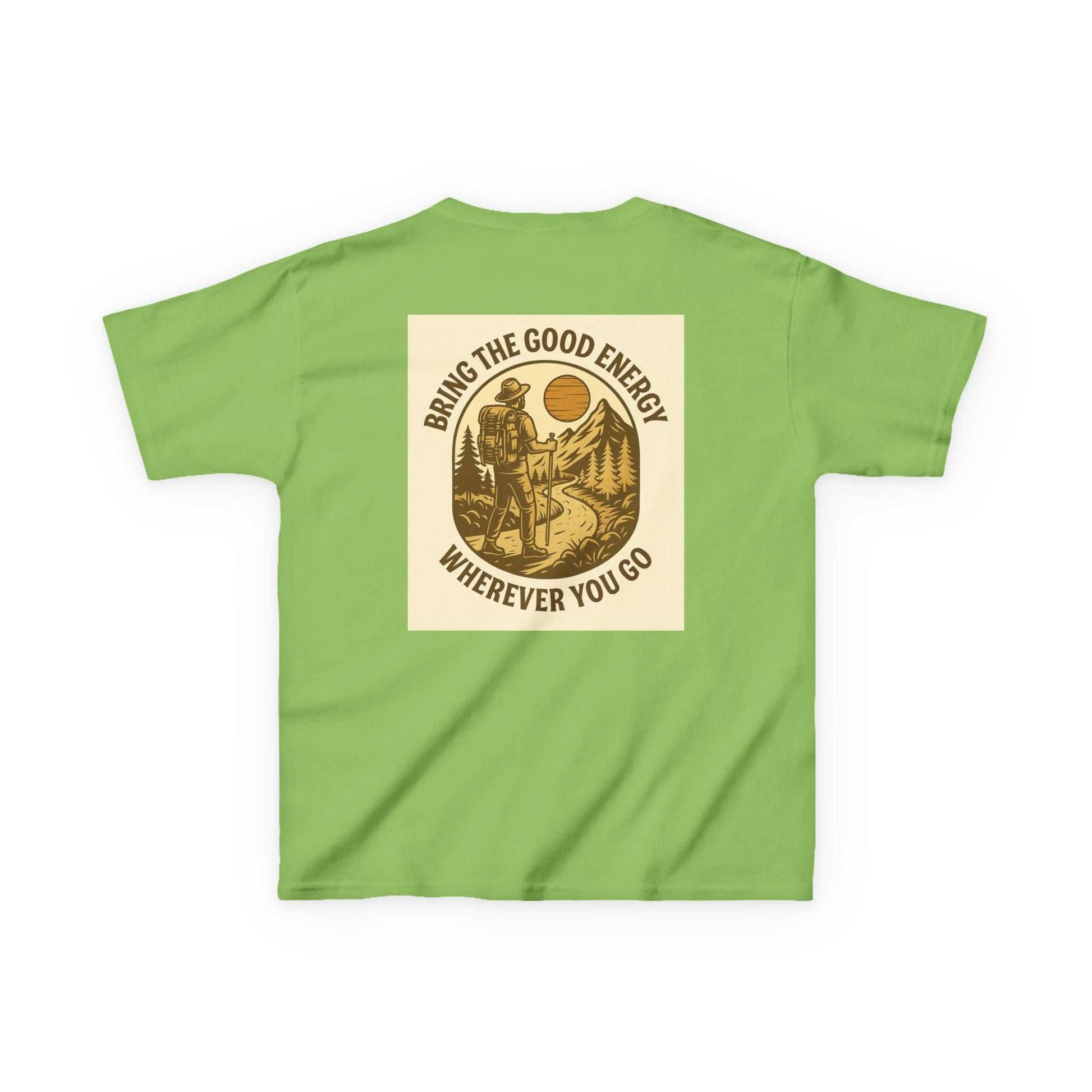 Green Adventure Kids Tee with motivational nature-themed design, encouraging good energy and exploration.