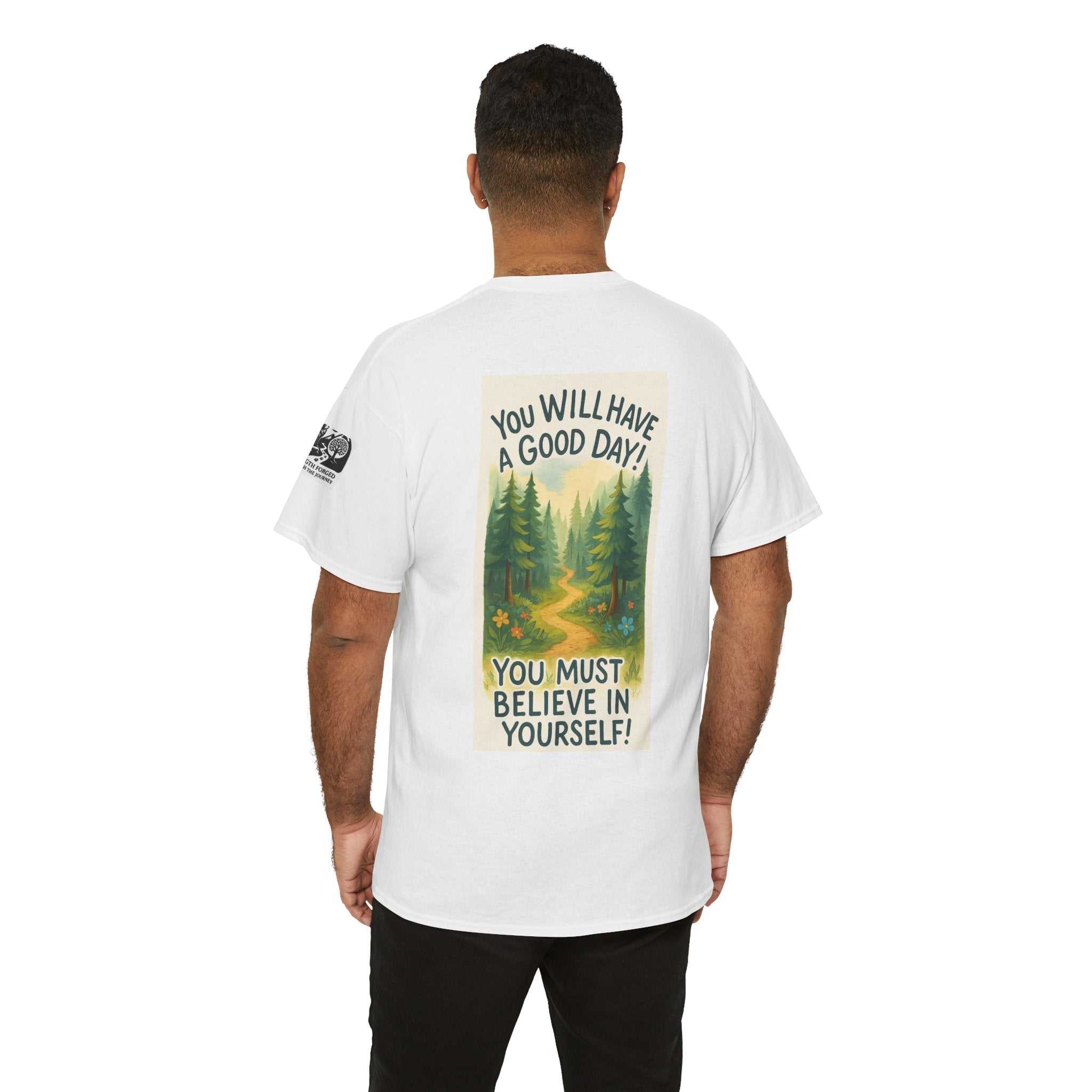 Man wearing Get Lost in Montana Tee with nature print and motivational message, showcasing adventure spirit.