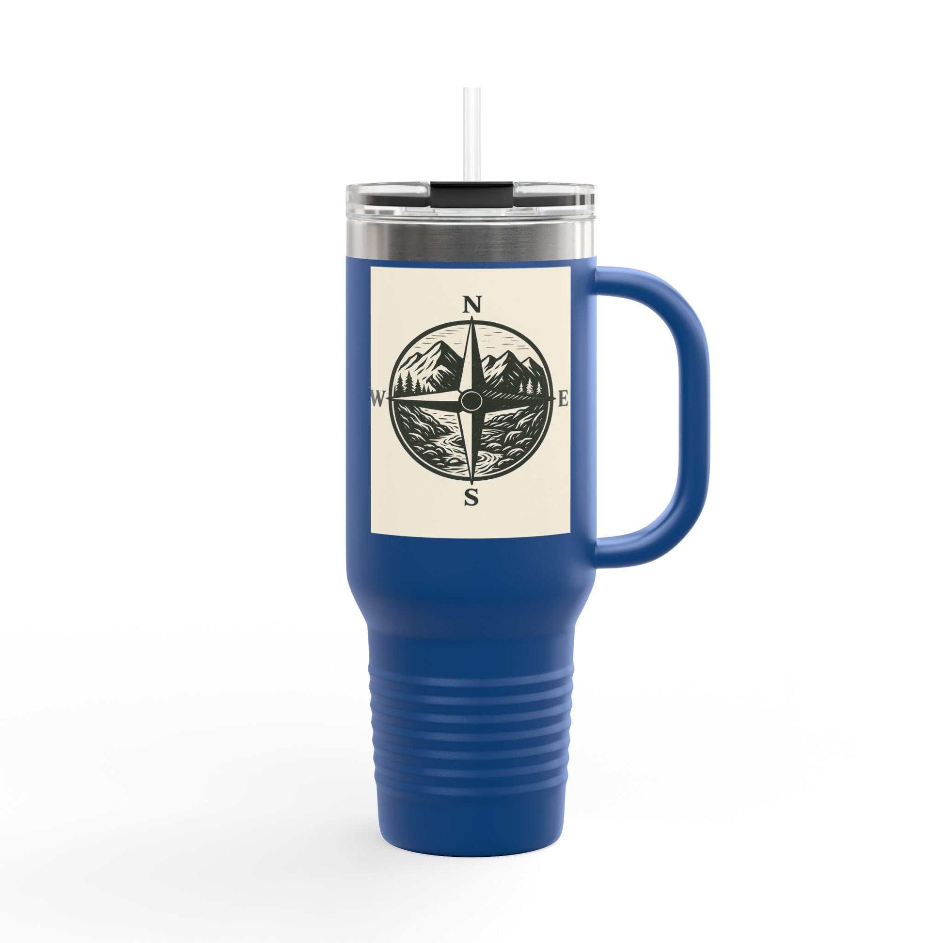 40oz Montana Compass Travel Mug with compass design, insulated stainless steel, ergonomic handle, and leak-proof lid.