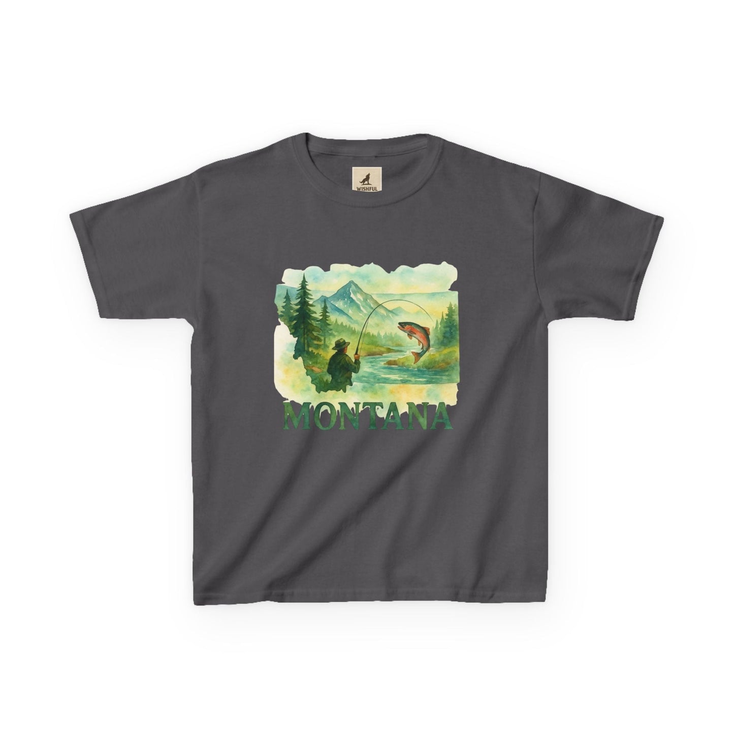 Nature-inspired Montana Adventure Kids Tee with mountain and forest graphic.