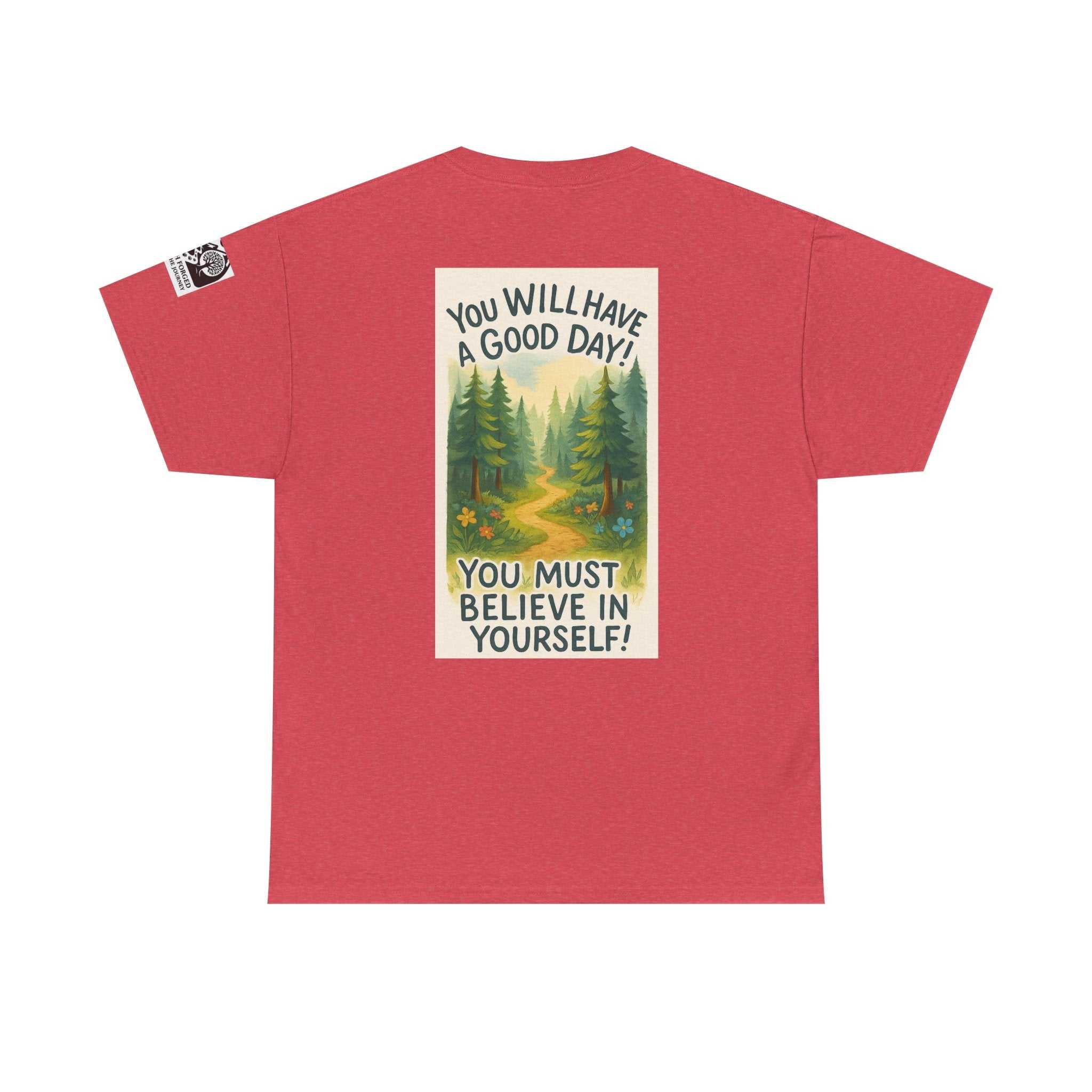 Red "Get Lost in Montana Tee" with scenic nature print and motivational message.