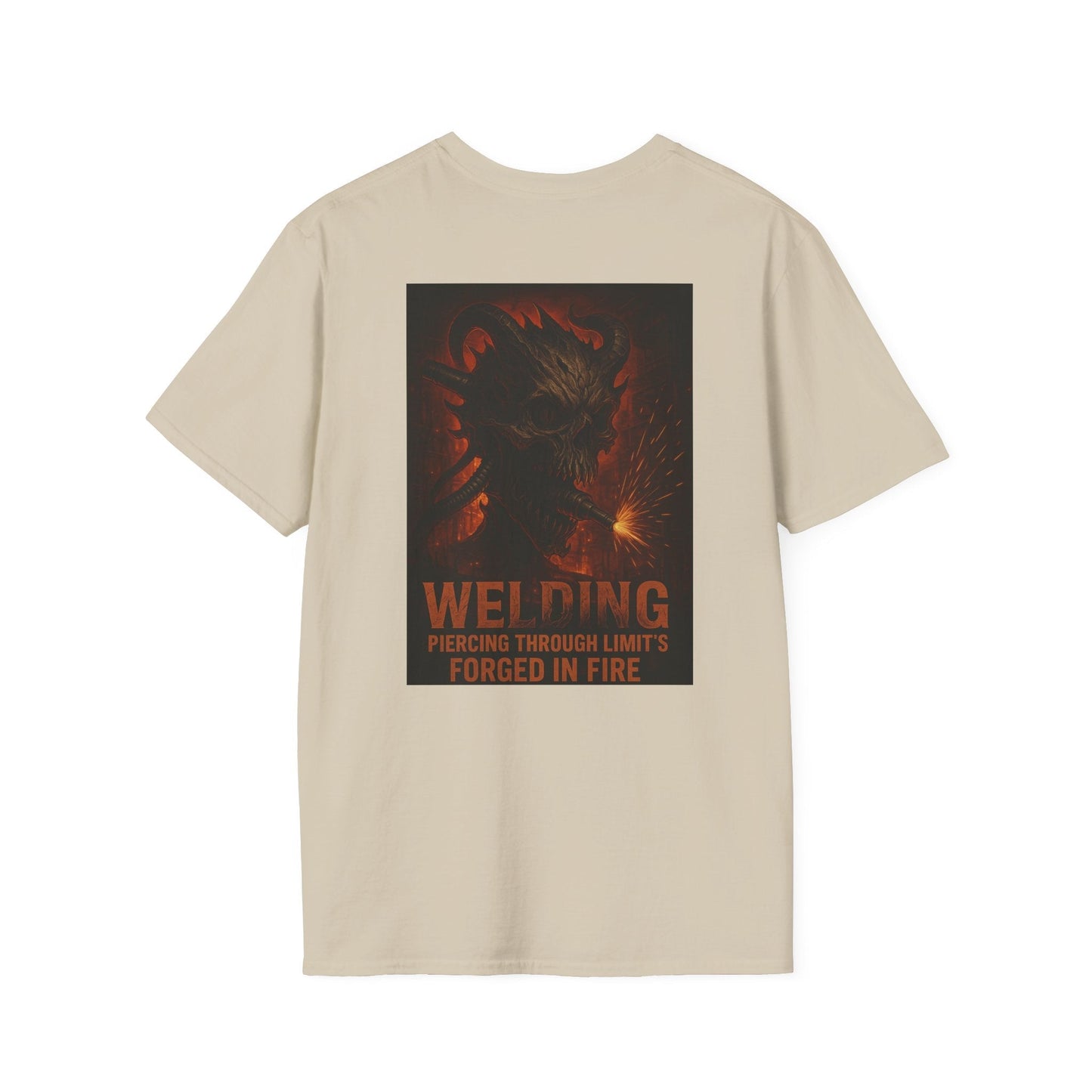 Welding Gift T-Shirt with a "Forged in Fire" graphic, ideal for metalworkers and welders, made from soft cotton.
