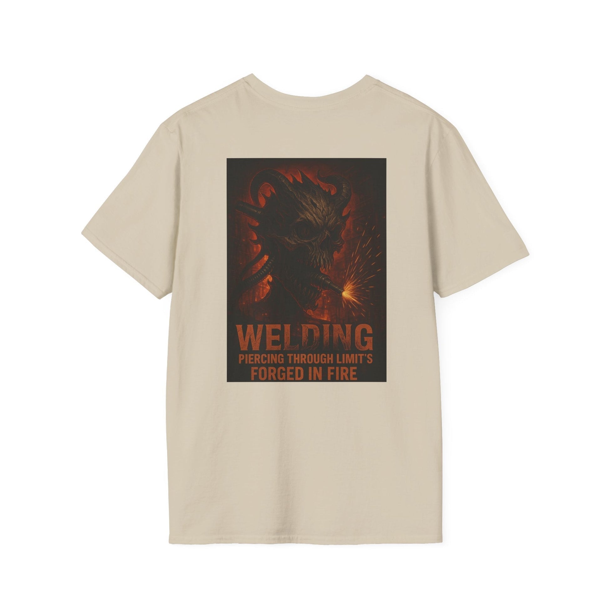 Welding Gift T-Shirt with a "Forged in Fire" graphic, ideal for metalworkers and welders, made from soft cotton.