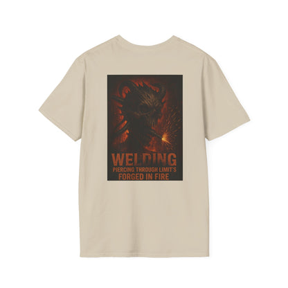 Welding Gift T-Shirt with a "Forged in Fire" graphic, ideal for metalworkers and welders, made from soft cotton.