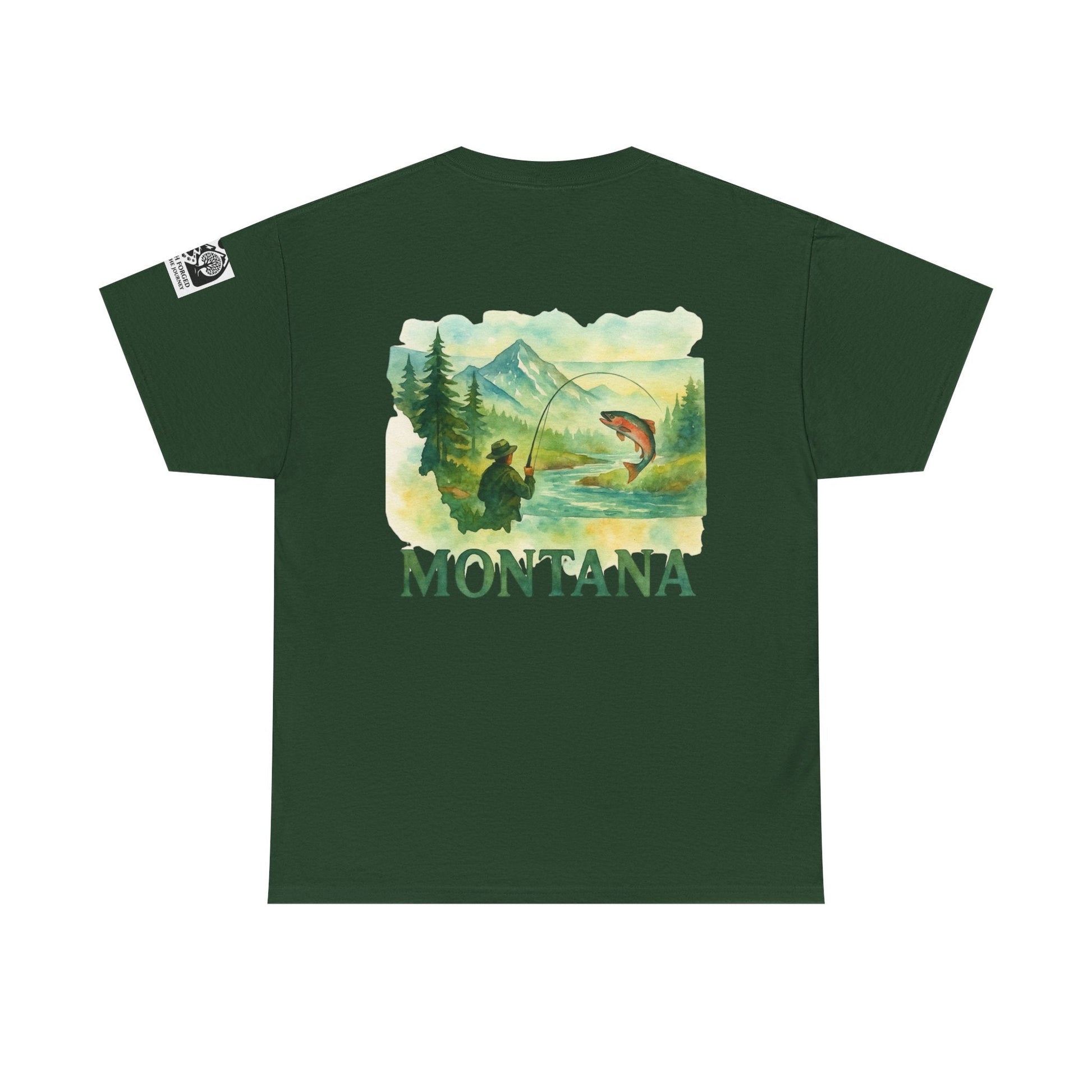 Montana Fishing Tee with nature graphic, "Born to Fish" slogan, green background.