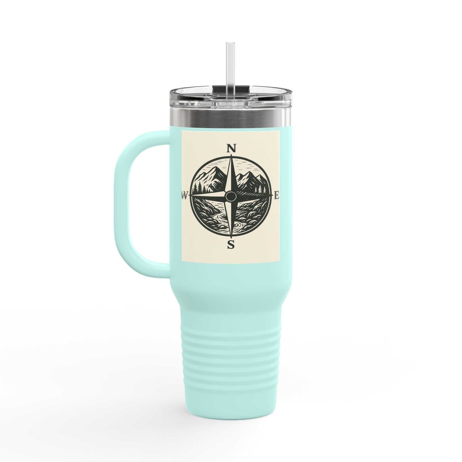 40oz Montana Compass Travel Mug with compass design, insulated for hot and cold drinks, stainless steel body.
