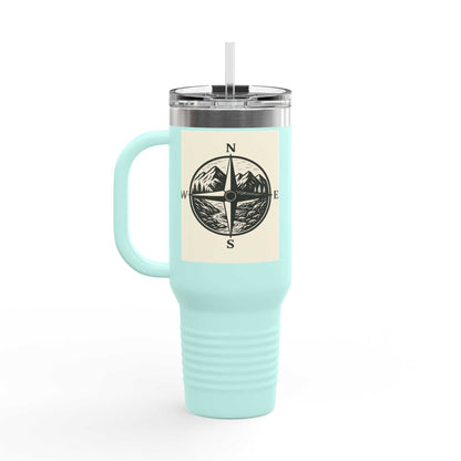40oz Montana Compass Travel Mug with compass design, insulated for hot and cold drinks, stainless steel body.