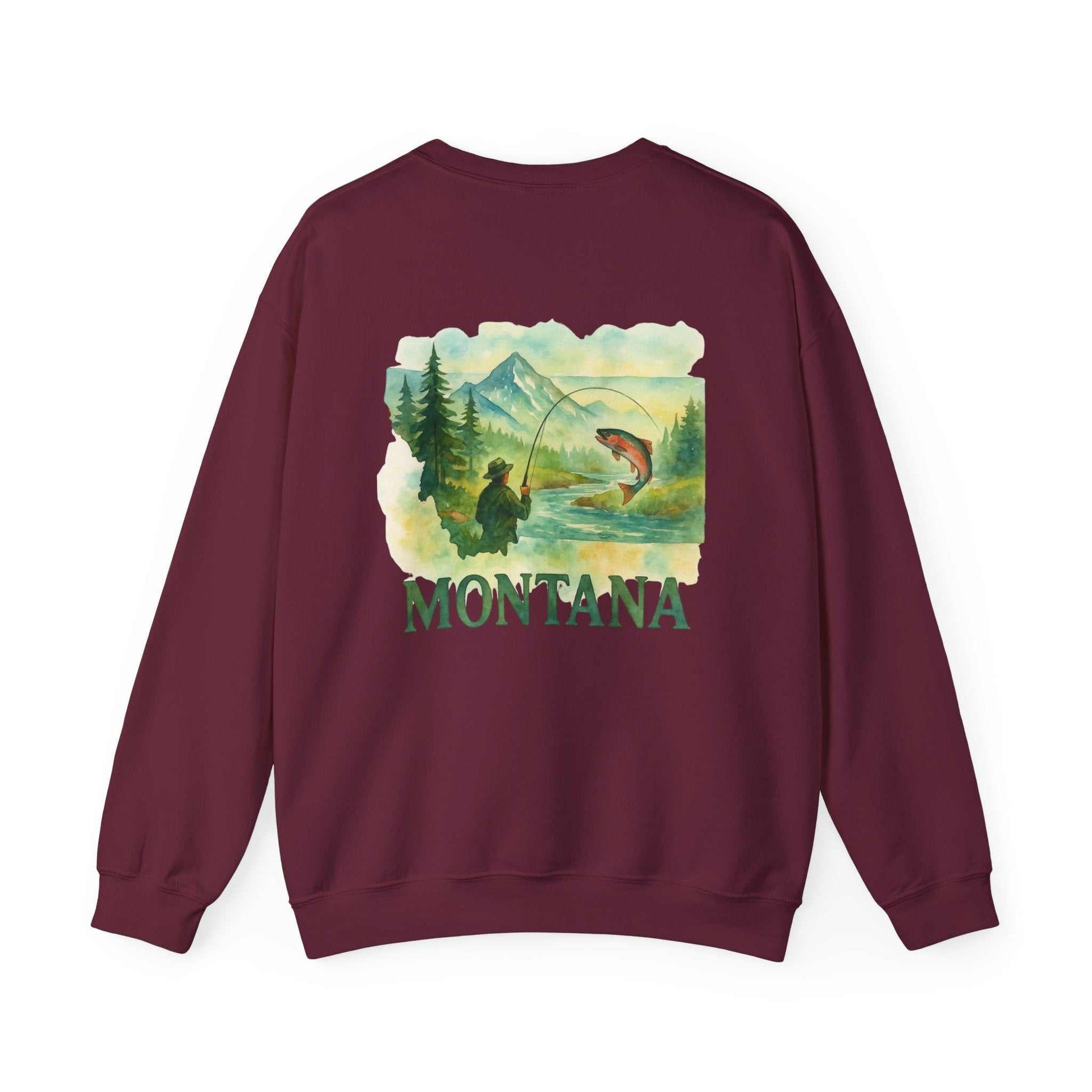 Born to Fish Sweatshirt featuring mountain fishing scene with "Montana" text.