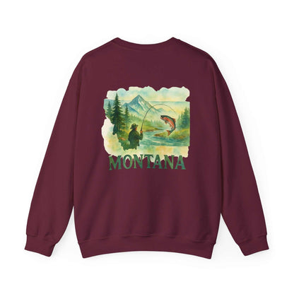 Born to Fish Sweatshirt featuring mountain fishing scene with "Montana" text.