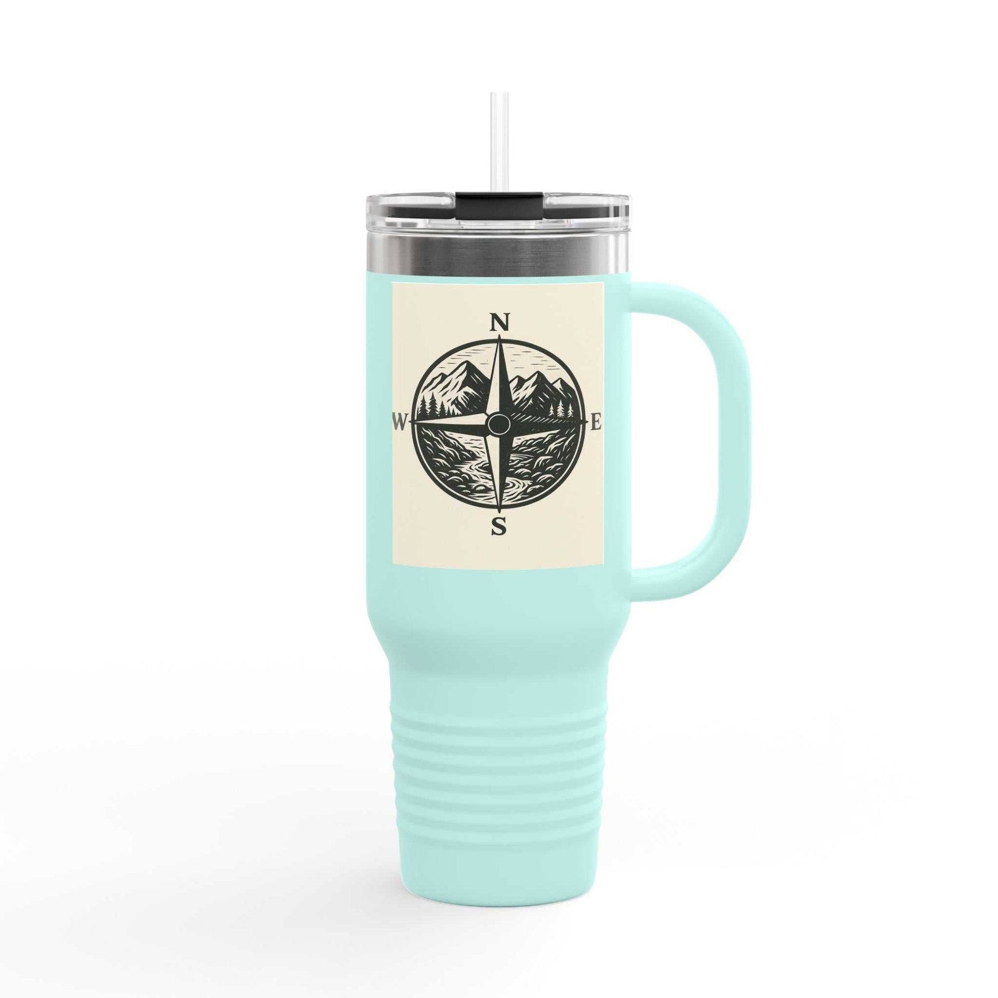 40oz Montana Compass Travel Mug for outdoor adventures, insulated cup with compass design, ergonomic handle, and leak-proof lid.