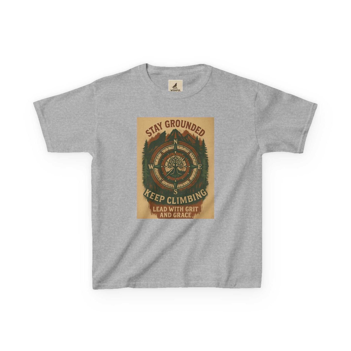 Gray Adventure Kids Tee with motivational nature-inspired design, featuring messages "Stay Grounded" and "Keep Climbing" for children.