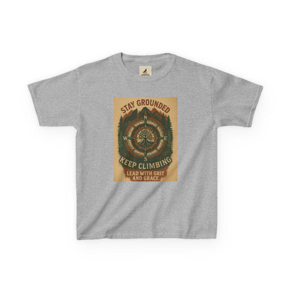 Gray Adventure Kids Tee with motivational nature-inspired design, featuring messages "Stay Grounded" and "Keep Climbing" for children.