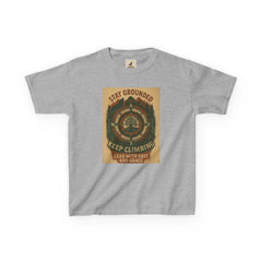 Gray Adventure Kids Tee with motivational nature-inspired design, featuring messages "Stay Grounded" and "Keep Climbing" for children.
