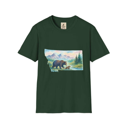 Montana Adventure Tee with wilderness graphic and vintage bear design on green shirt for nature lovers.