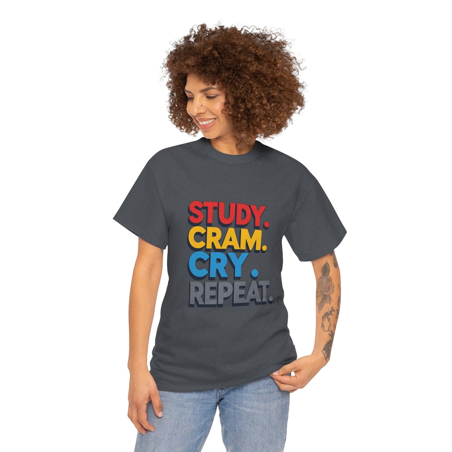 Study Cram Cry Repeat Tee, Unisex Heavy Cotton T-Shirt, Student Gift, College Humor Shirt, Exam Prep Apparel, Funny Study Tee